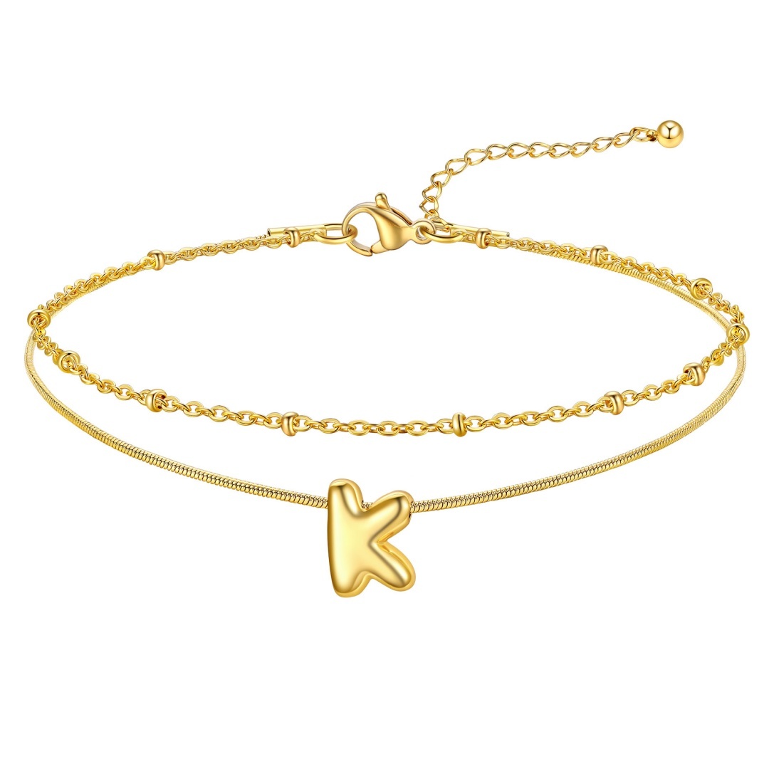 14K Gold Plated Bubble Letter Initial Layered Anklet Chain for Women