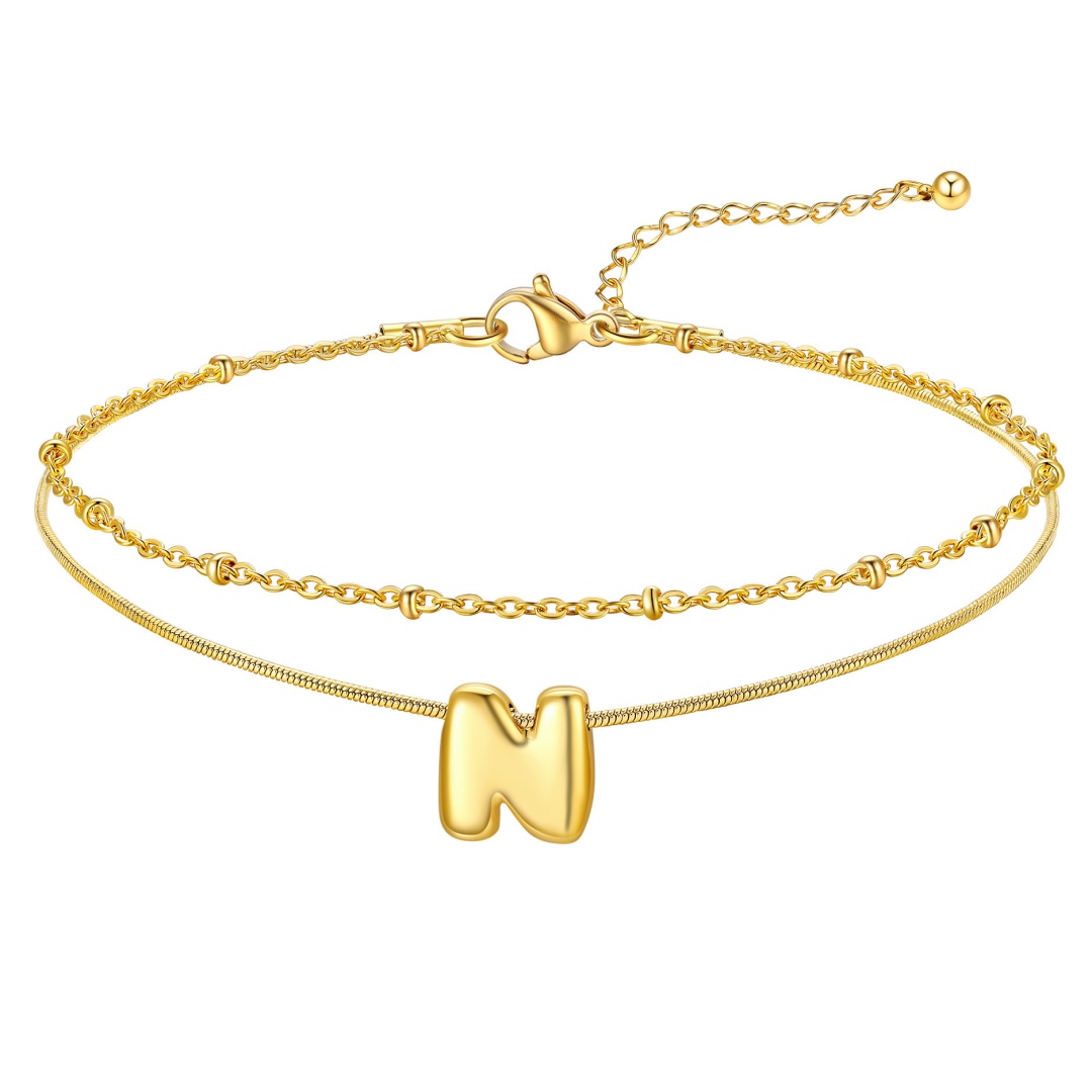 14K Gold Plated Bubble Letter Initial Layered Anklet Chain for Women