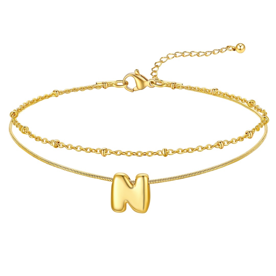 14K Gold Plated Bubble Letter Initial Layered Anklet Chain for Women