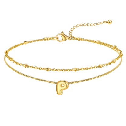 14K Gold Plated Bubble Letter Initial Layered Anklet Chain for Women