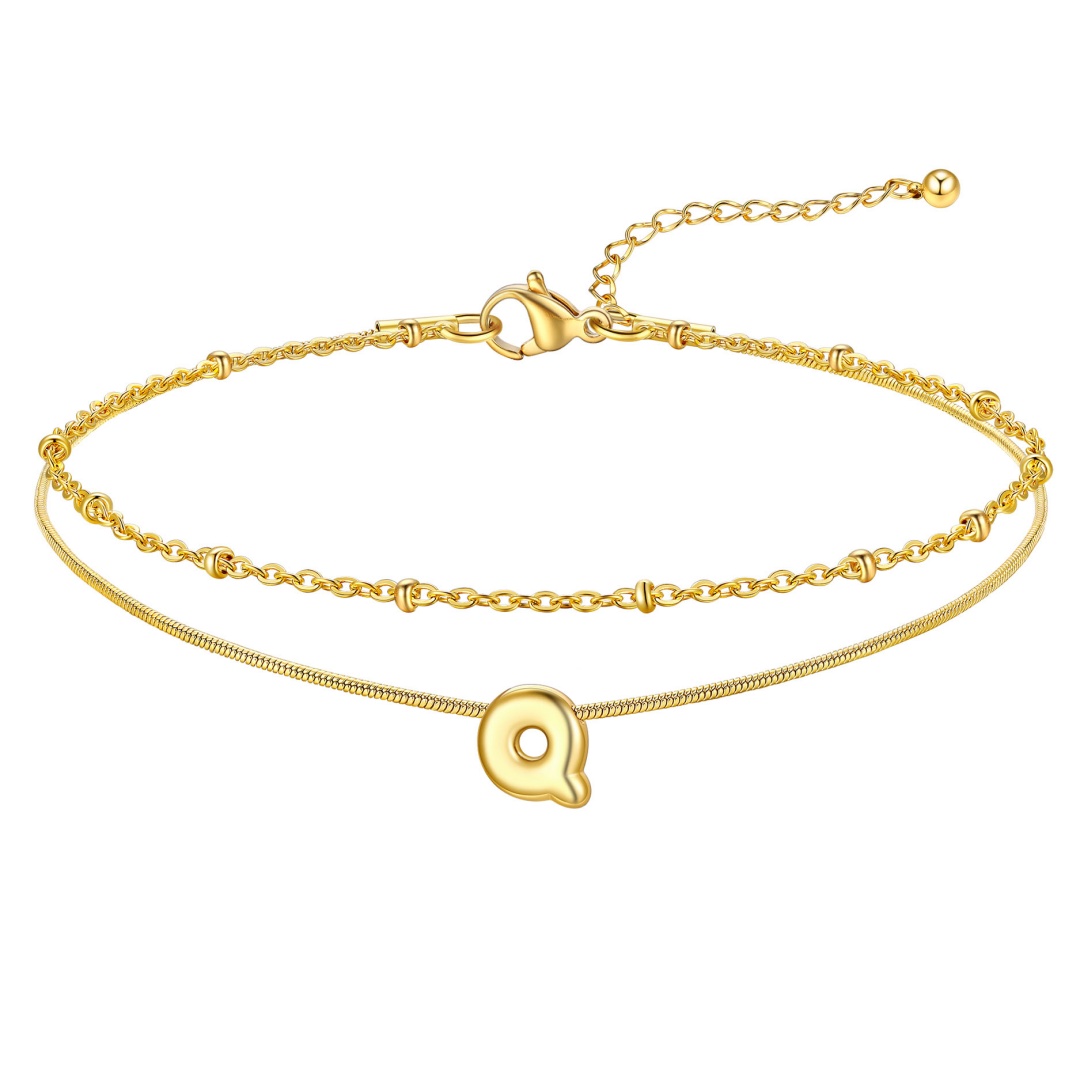 14K Gold Plated Bubble Letter Initial Layered Anklet Chain for Women