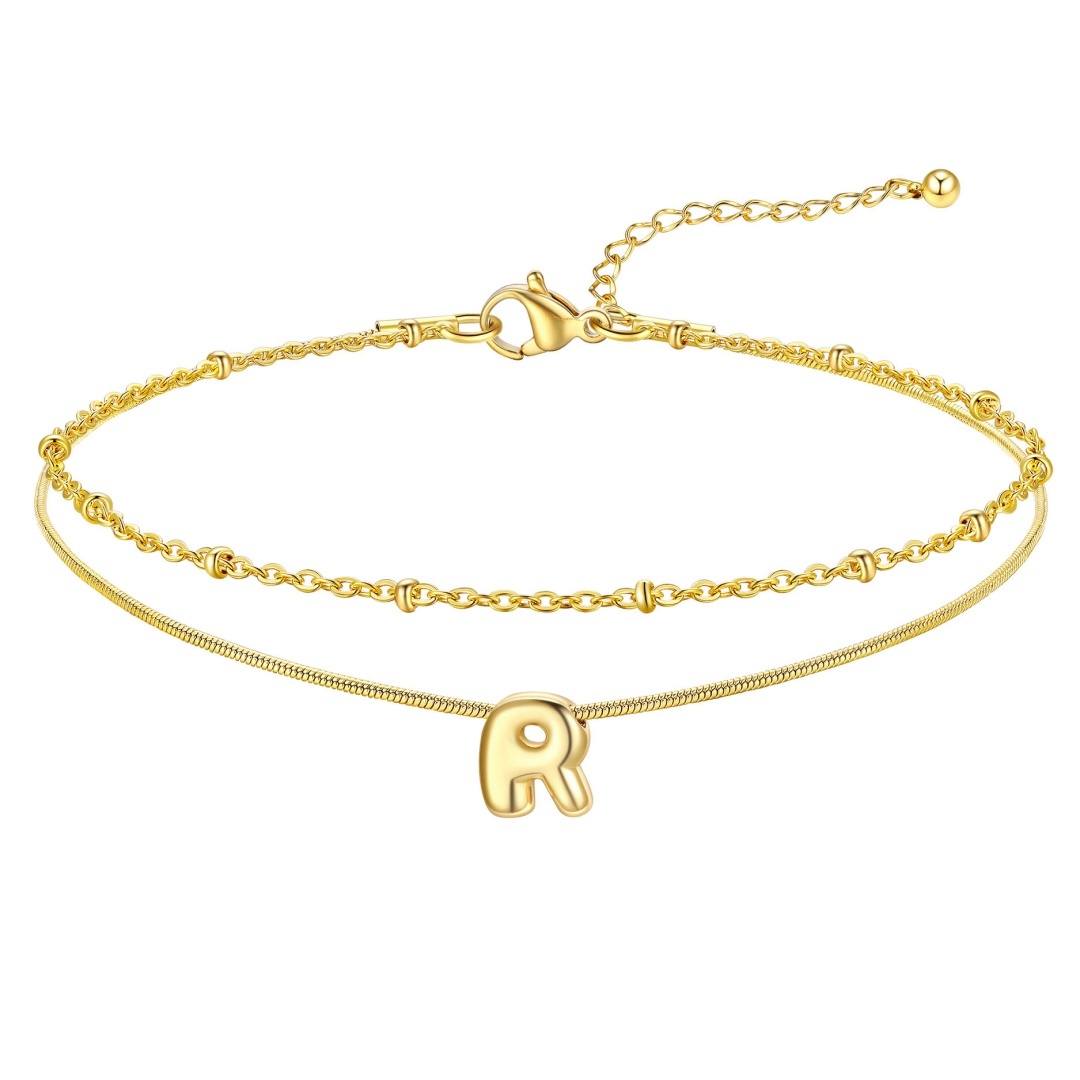 14K Gold Plated Bubble Letter Initial Layered Anklet Chain for Women