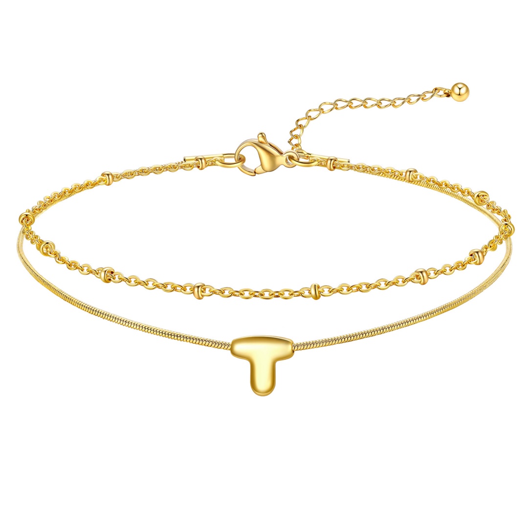 14K Gold Plated Bubble Letter Initial Layered Anklet Chain for Women