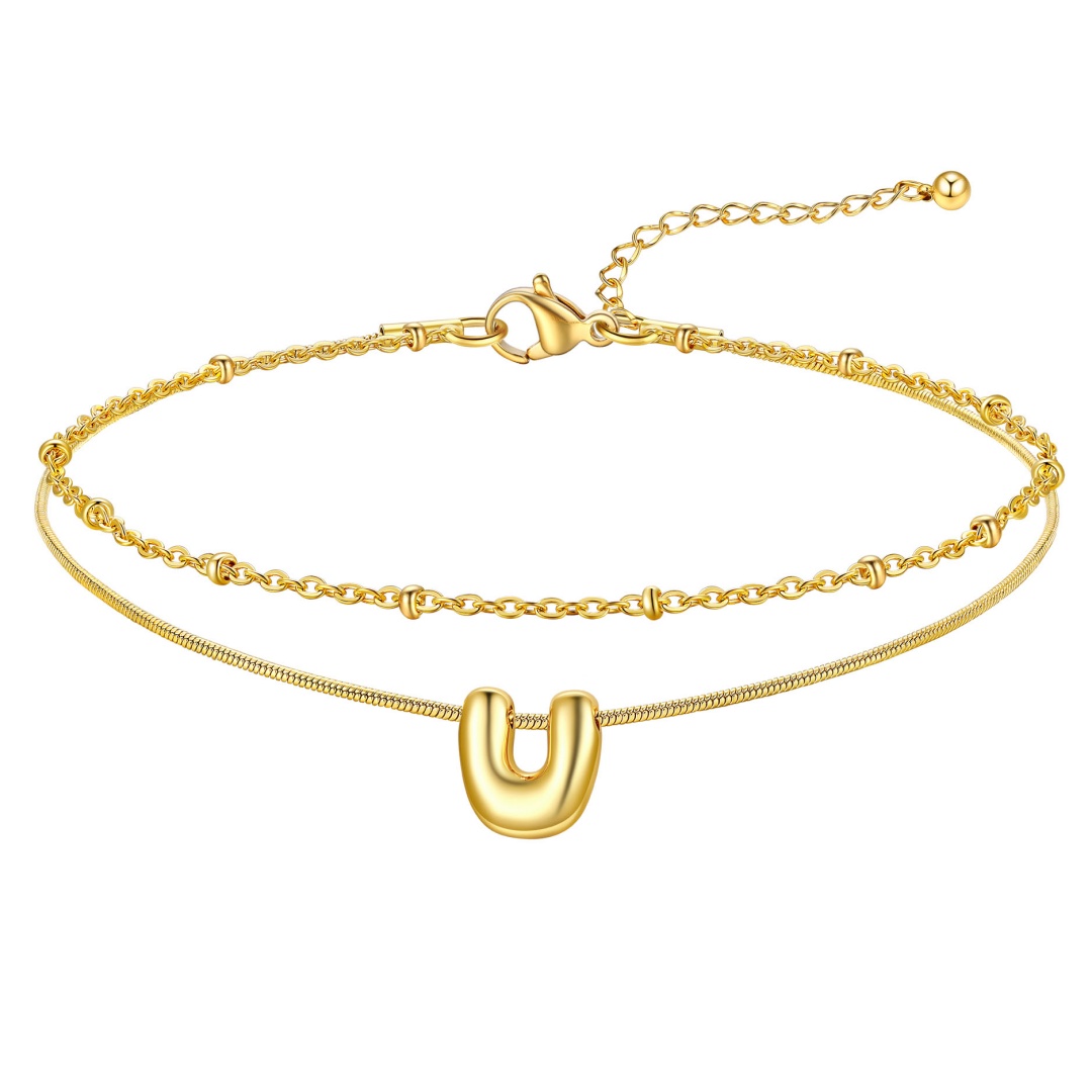 14K Gold Plated Bubble Letter Initial Layered Anklet Chain for Women