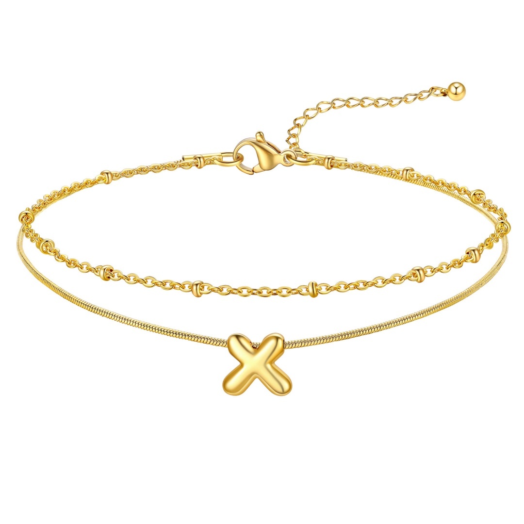 14K Gold Plated Bubble Letter Initial Layered Anklet Chain for Women