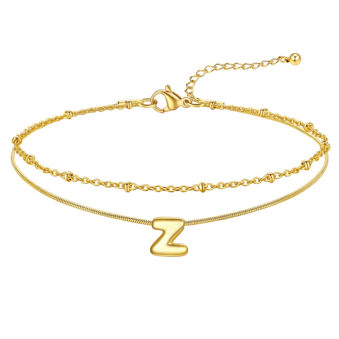 14K Gold Plated Bubble Letter Initial Layered Anklet Chain for Women