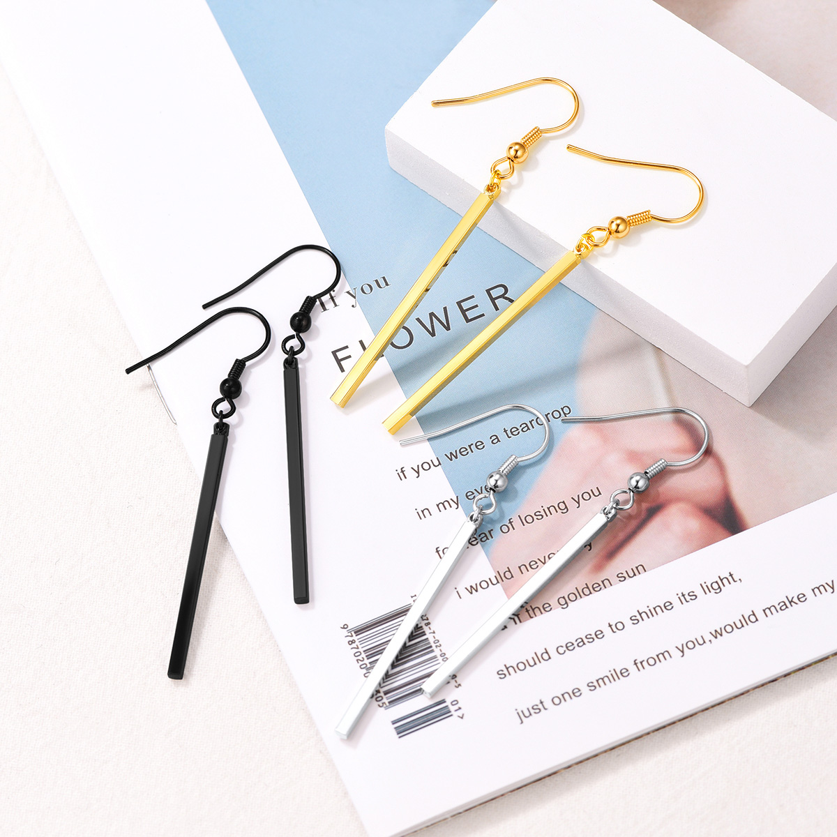 Custom Copper Bar Thin Flat Geometric Stick Drop Earrings  collection