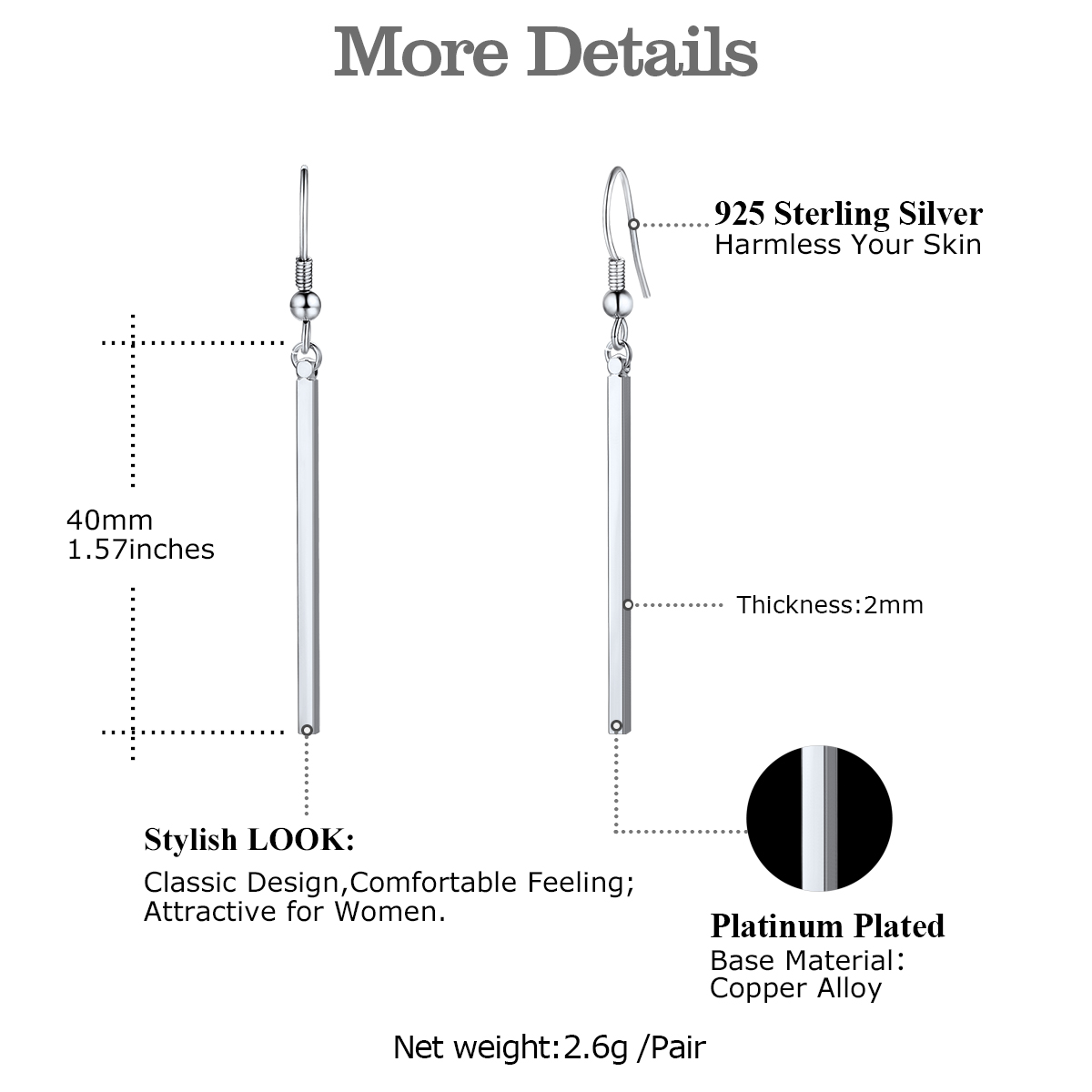 Custom Copper Bar Thin Flat Geometric Stick Drop Earrings For Women detail