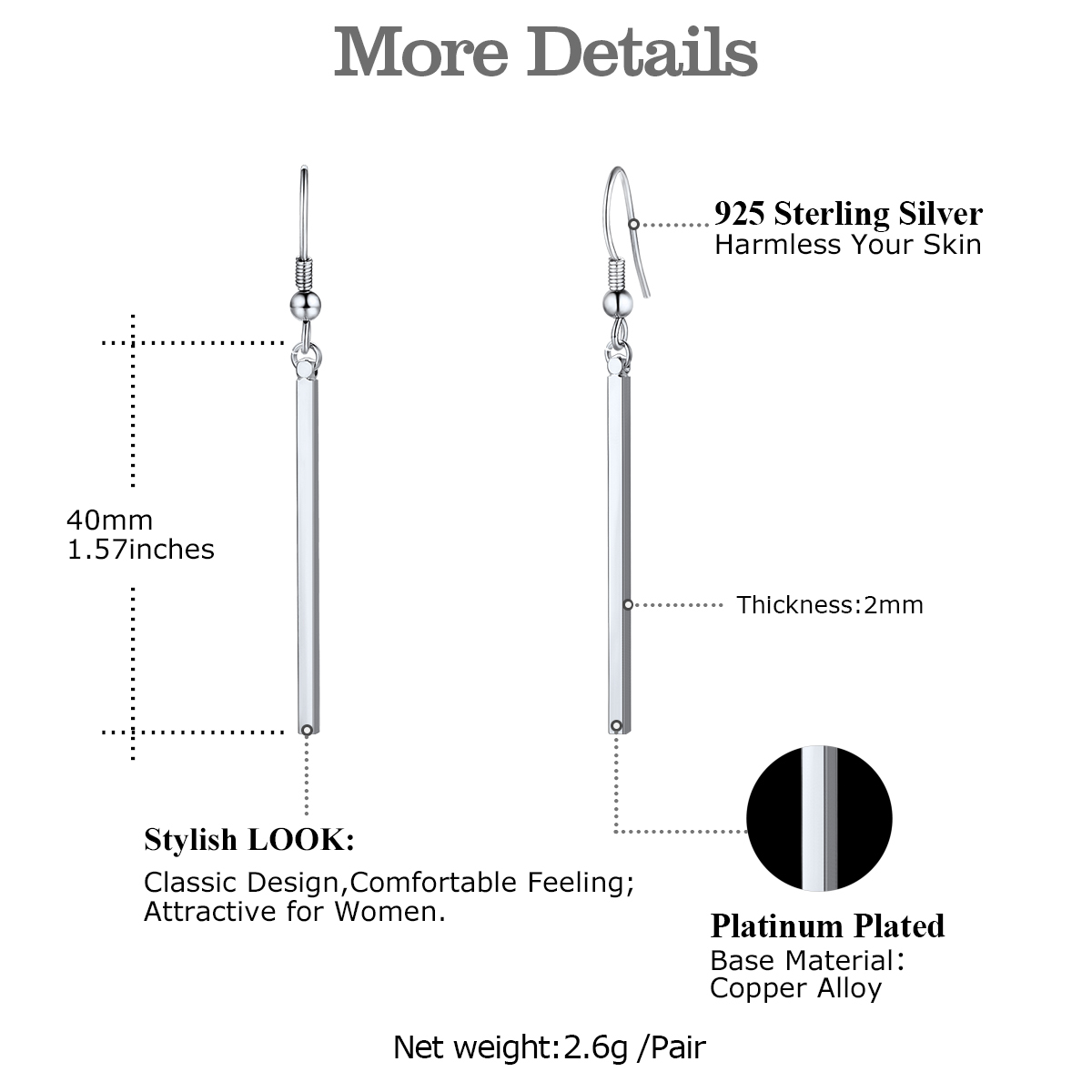 Custom Copper Bar Thin Flat Geometric Stick Drop Earrings For Women detail