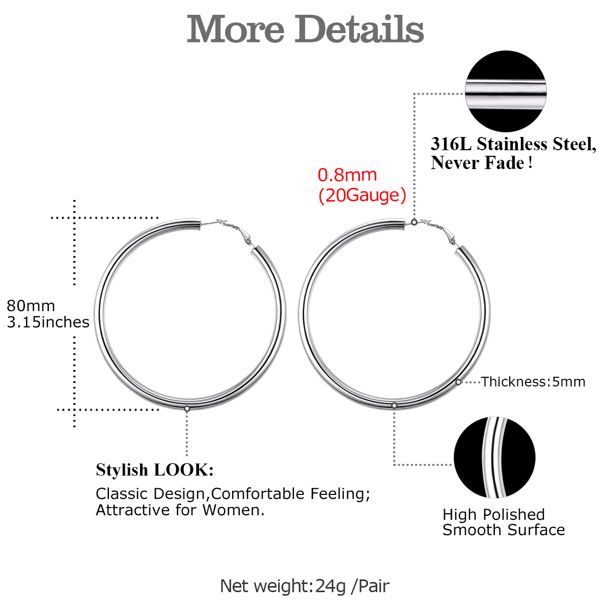 Stainless Steel Round Hoop Earrings For Women