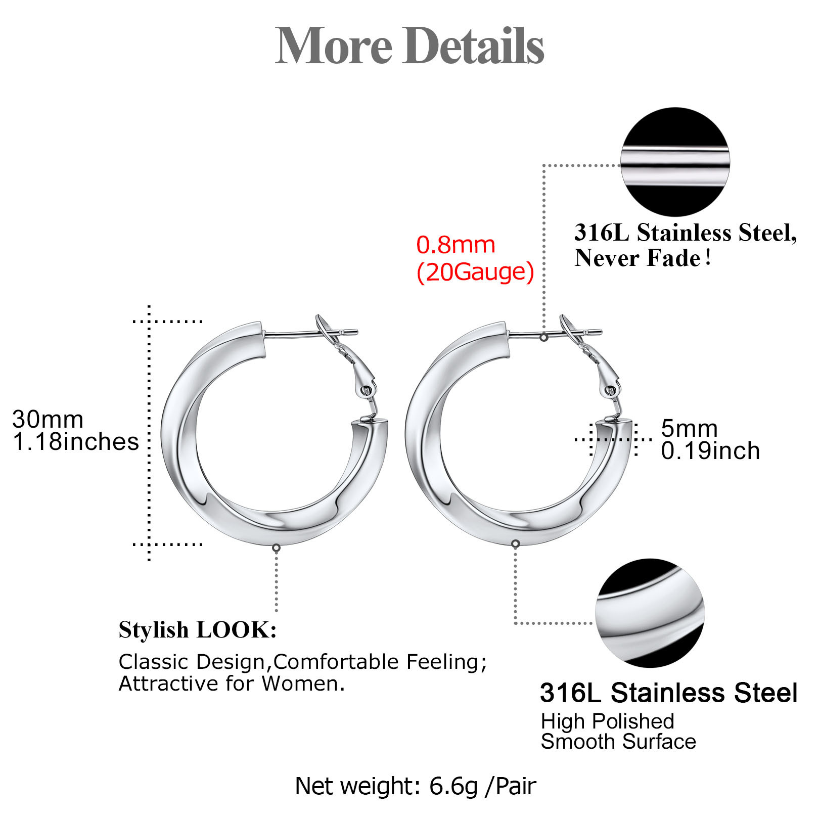 Stainless Steel Lightweight Hoop Earrings Fashion Jewelry For Women 30mm size