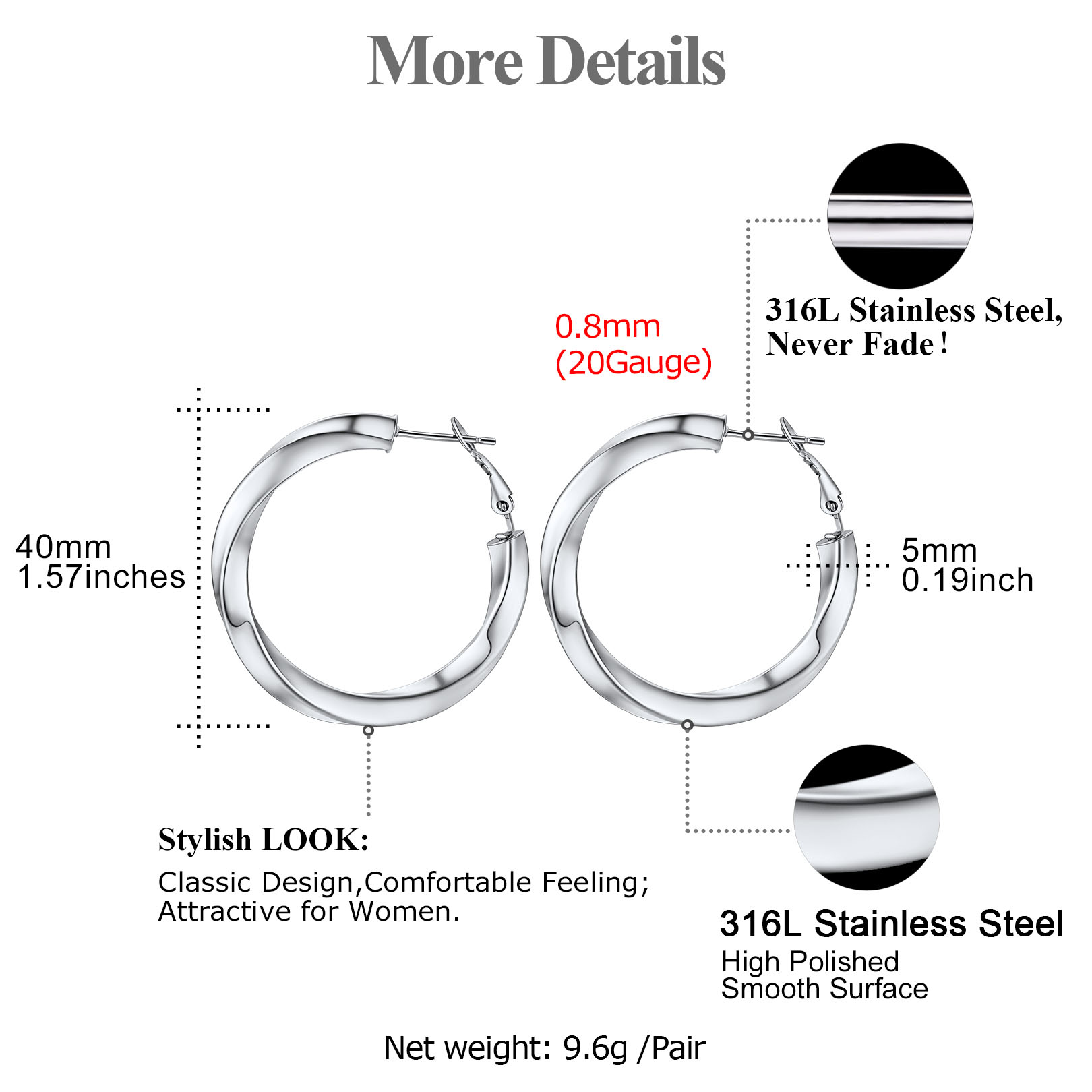 Stainless Steel Lightweight Hoop Earrings Fashion Jewelry For Women 40mm size