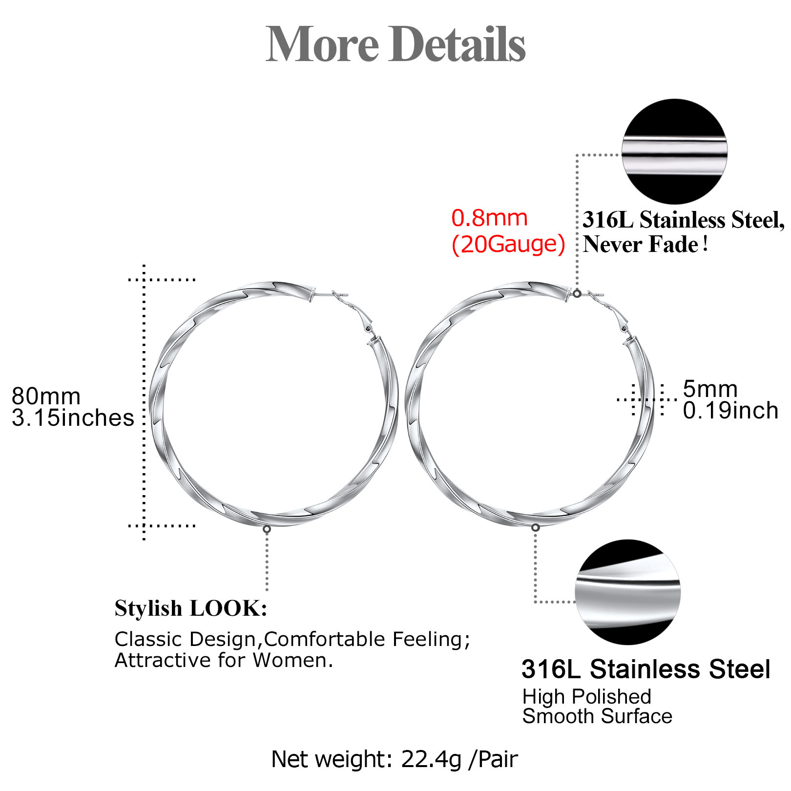 Stainless Steel Lightweight Hoop Earrings Fashion Jewelry For Women 80mm size