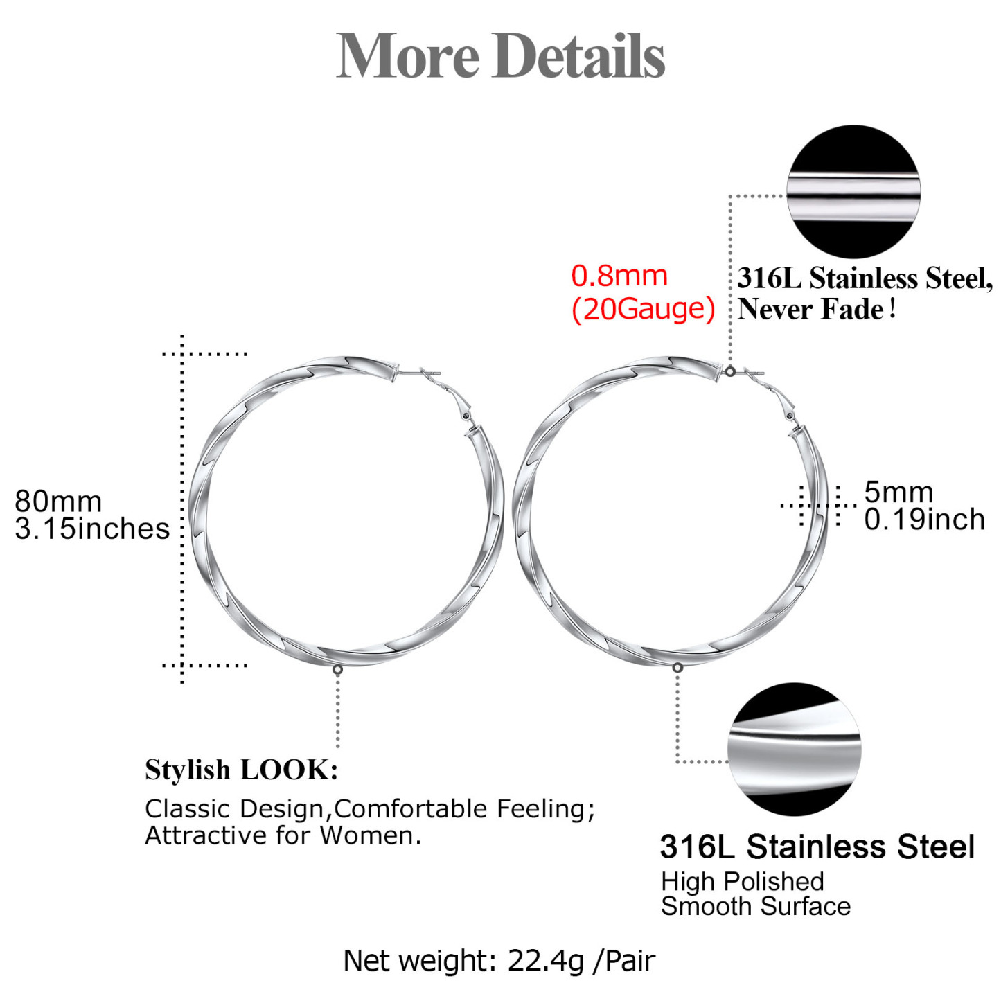 Stainless Steel Lightweight Hoop Earrings Fashion Jewelry For Women 80mm size