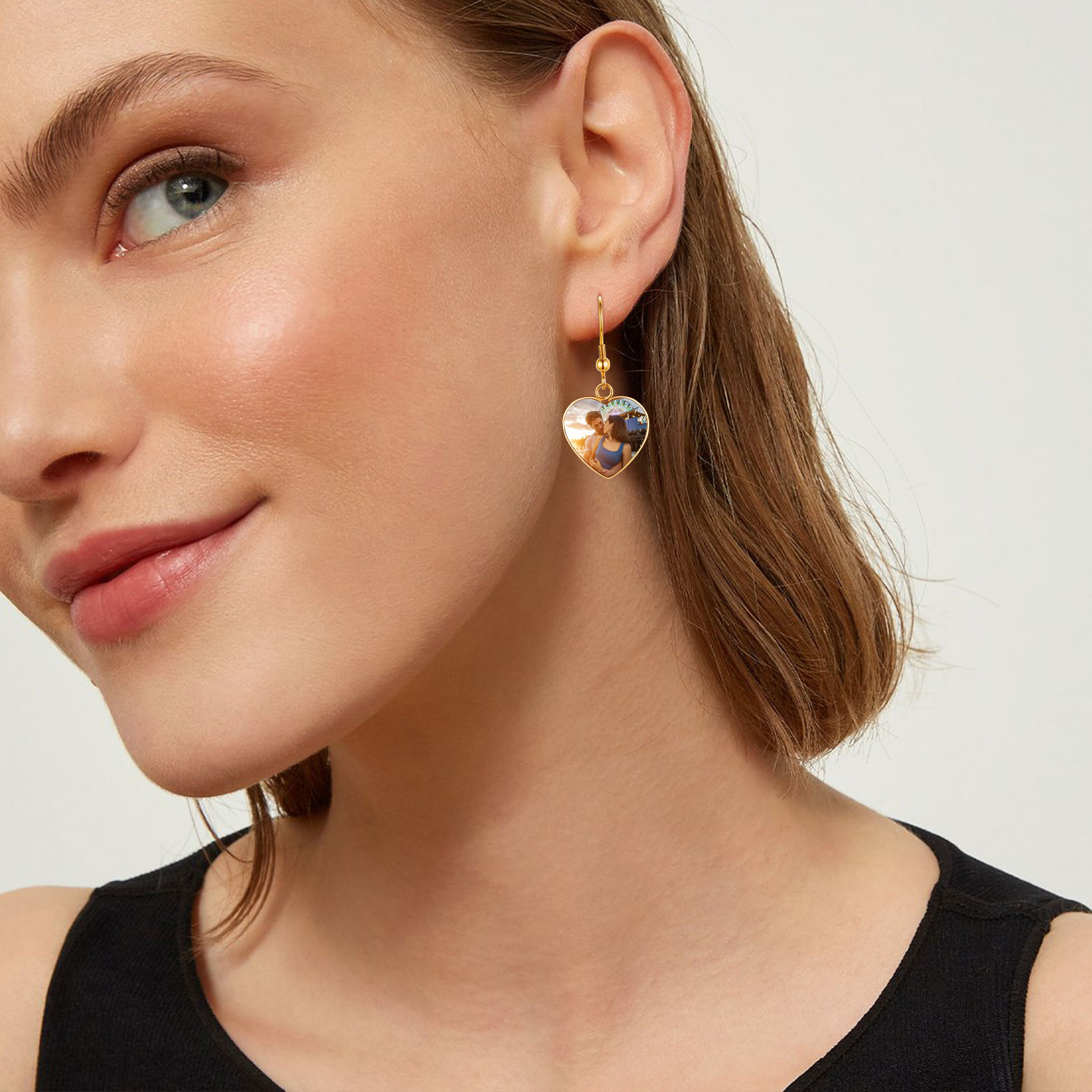 Personalized Photo Heart Dangle Earrings for Women model gold
