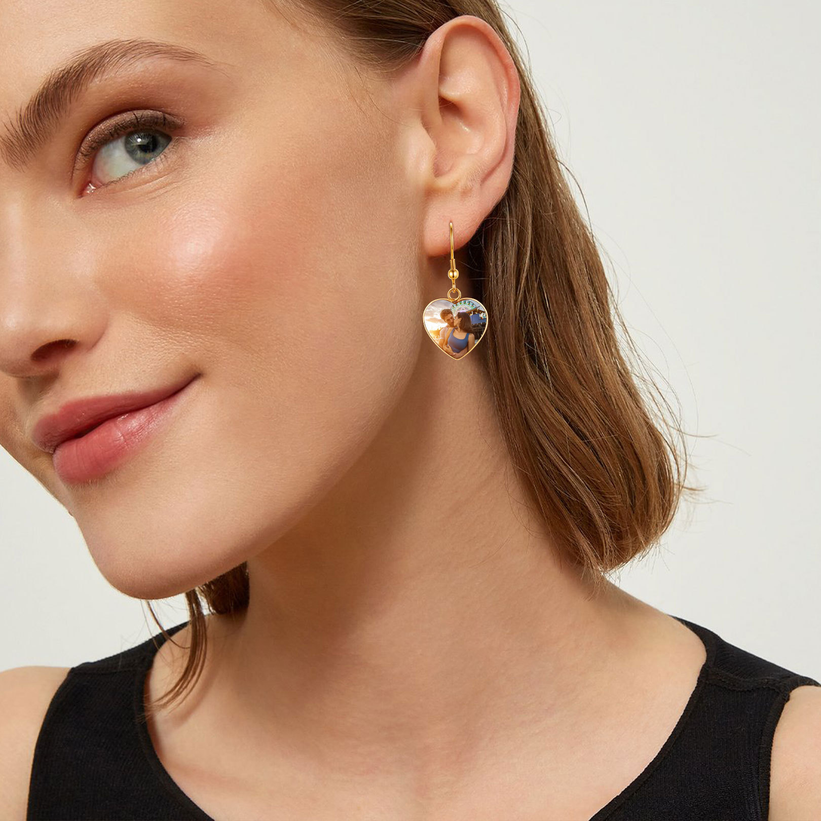 Personalized Photo Heart Dangle Earrings for Women model gold