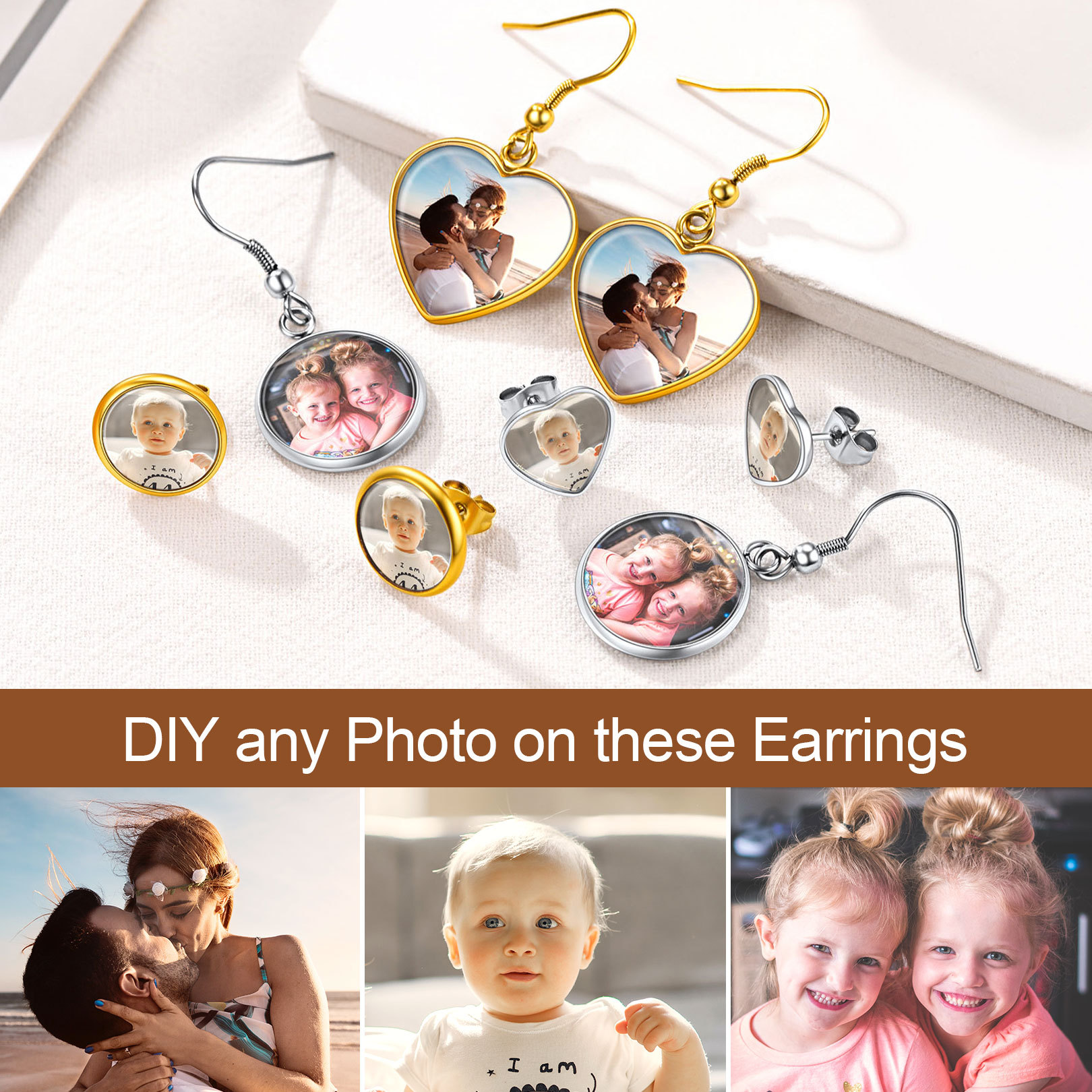 Personalized Photo Heart Dangle Earrings for Women 