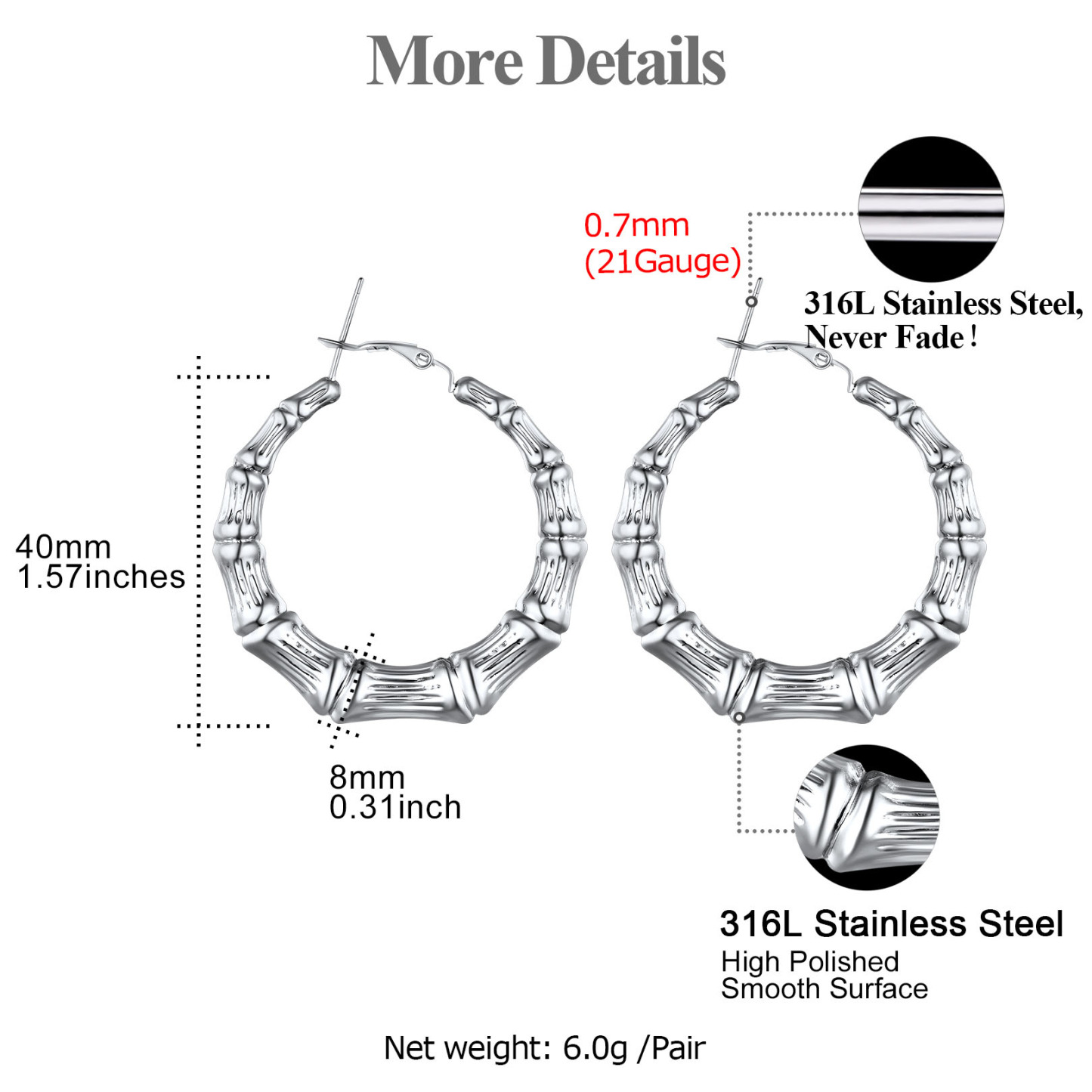 Bamboo Stainless Steel  Hoop Earrings for Women 