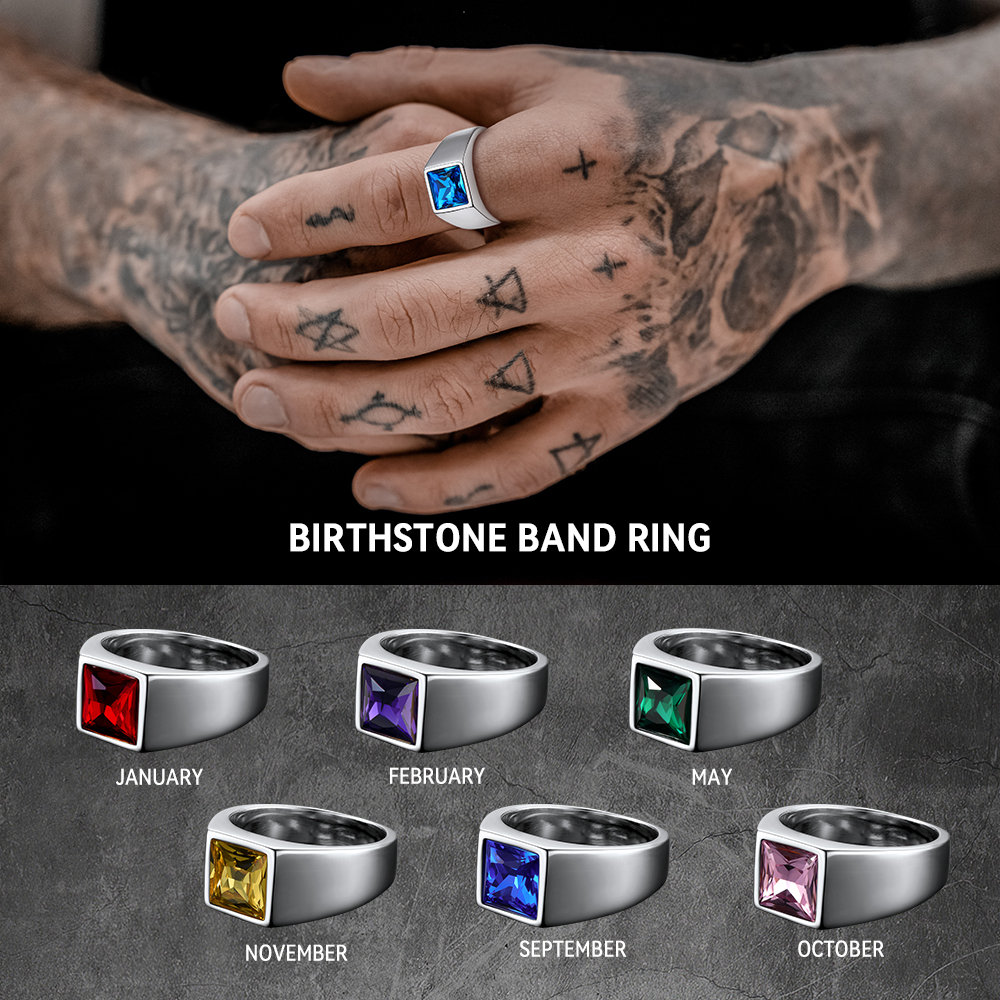 Personalized Birthstone Signet Band Ring for Men