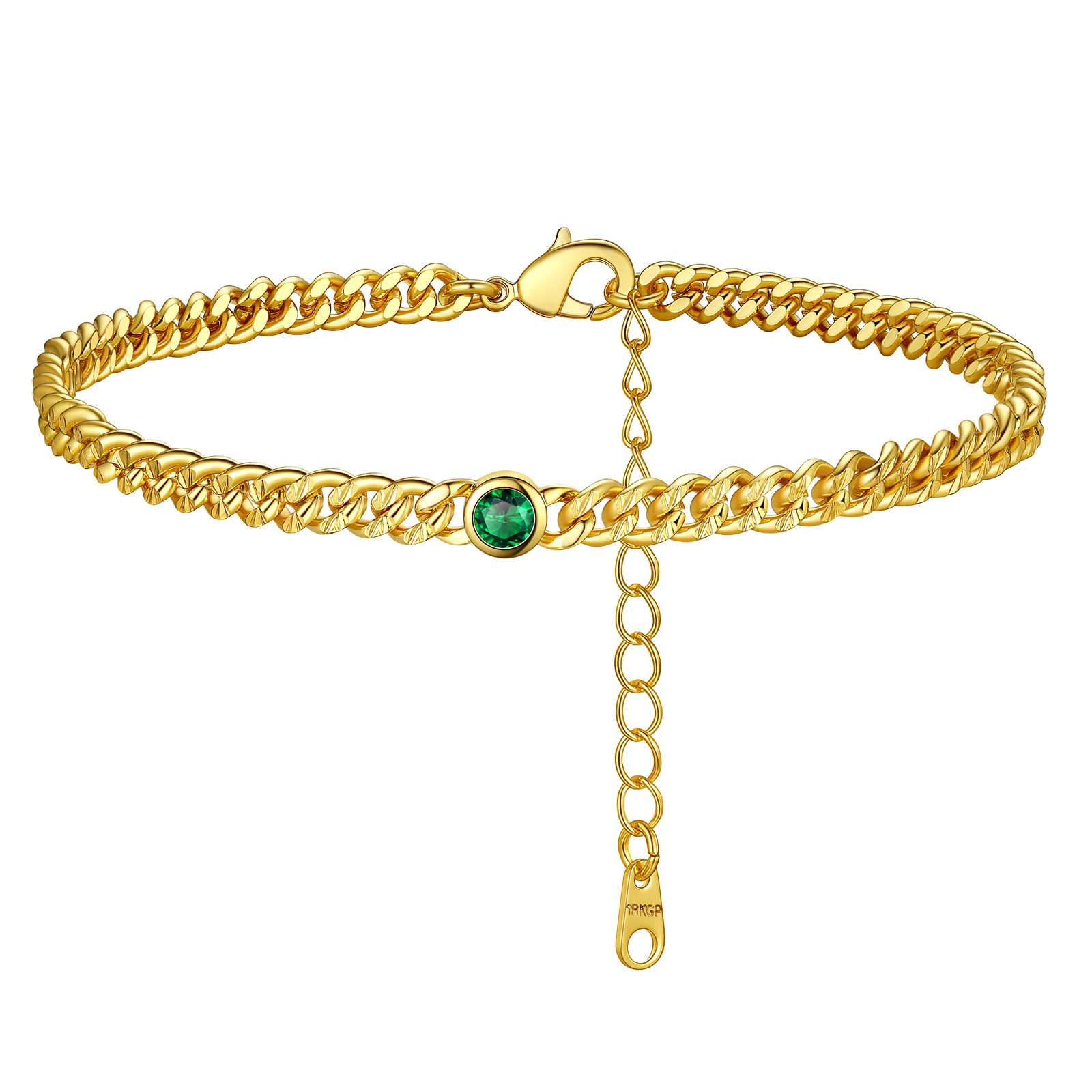 Birthstone Anklet Adjustable with Round Natural Stone for Women May - Emerald