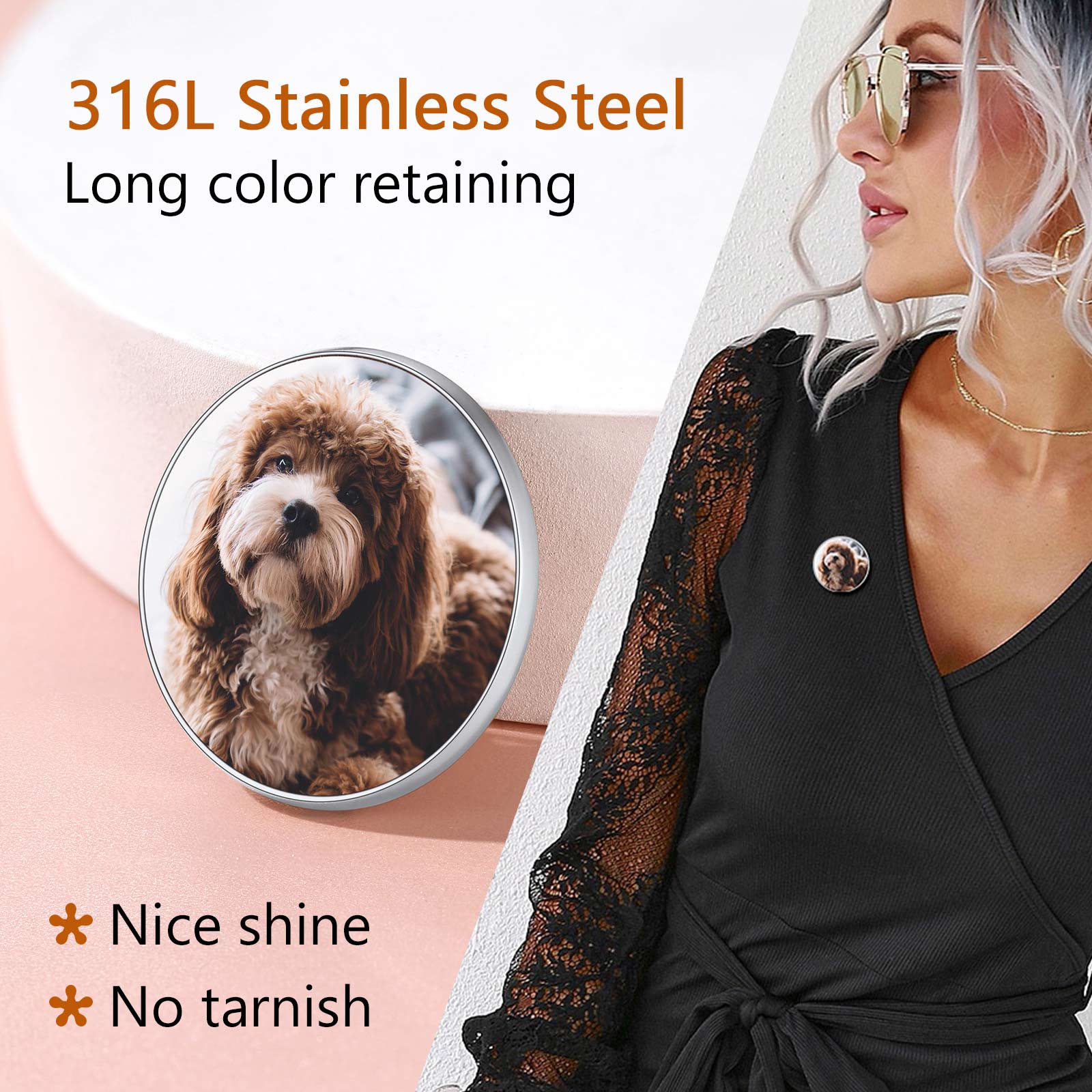 Custom Wedding Charms Photo Brooch Memorial Pins for Women Men stainless steel