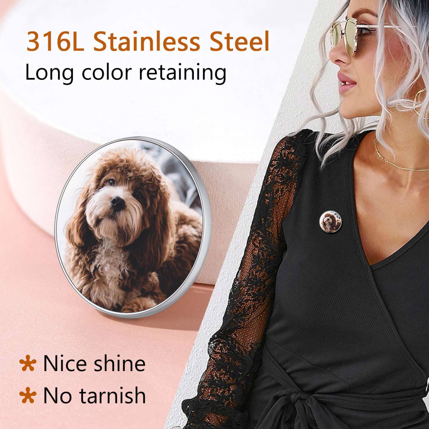 Custom Wedding Charms Photo Brooch Memorial Pins for Women Men stainless steel