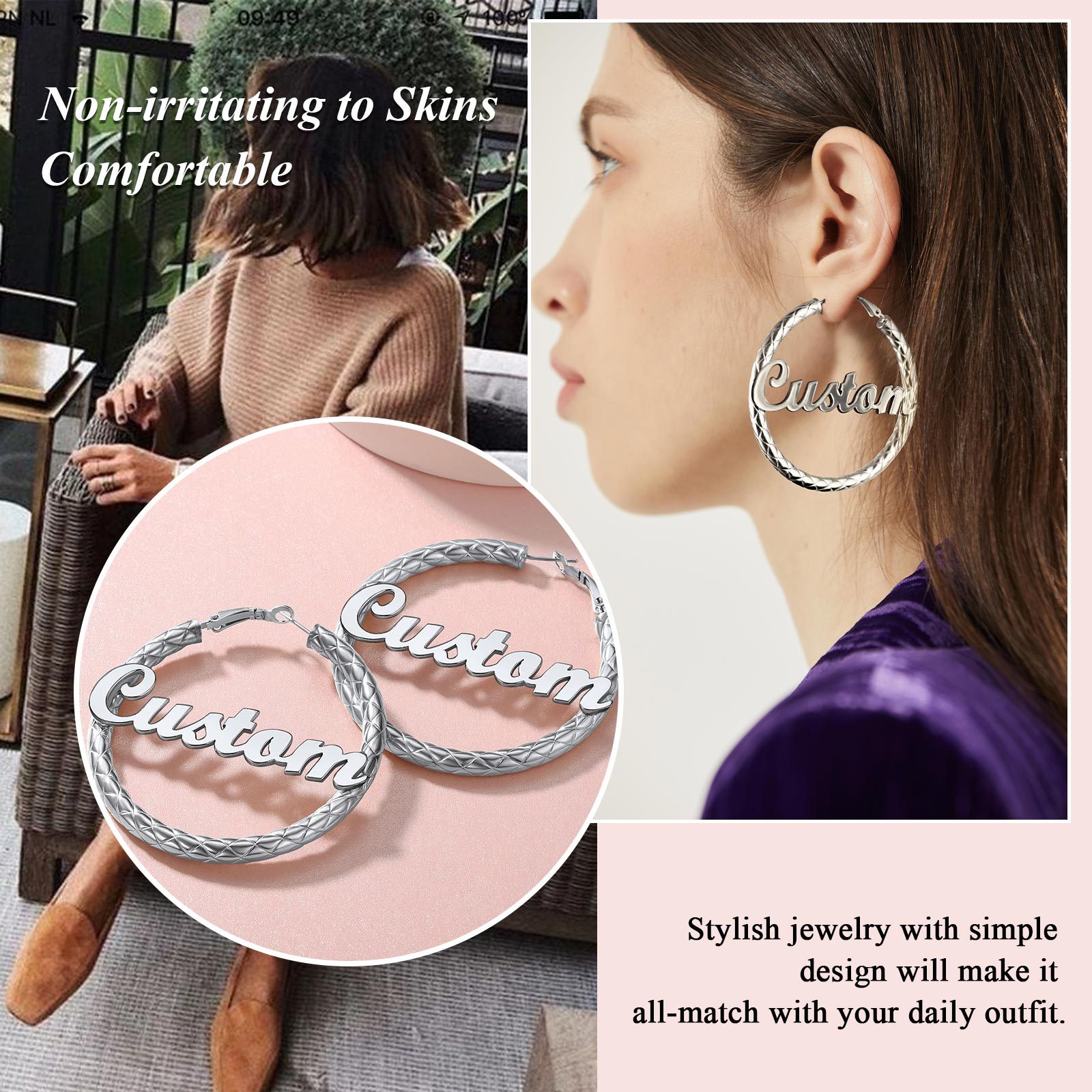 Personalized Hoop Earrings with Name Gift for Women 30/40/60/80mm