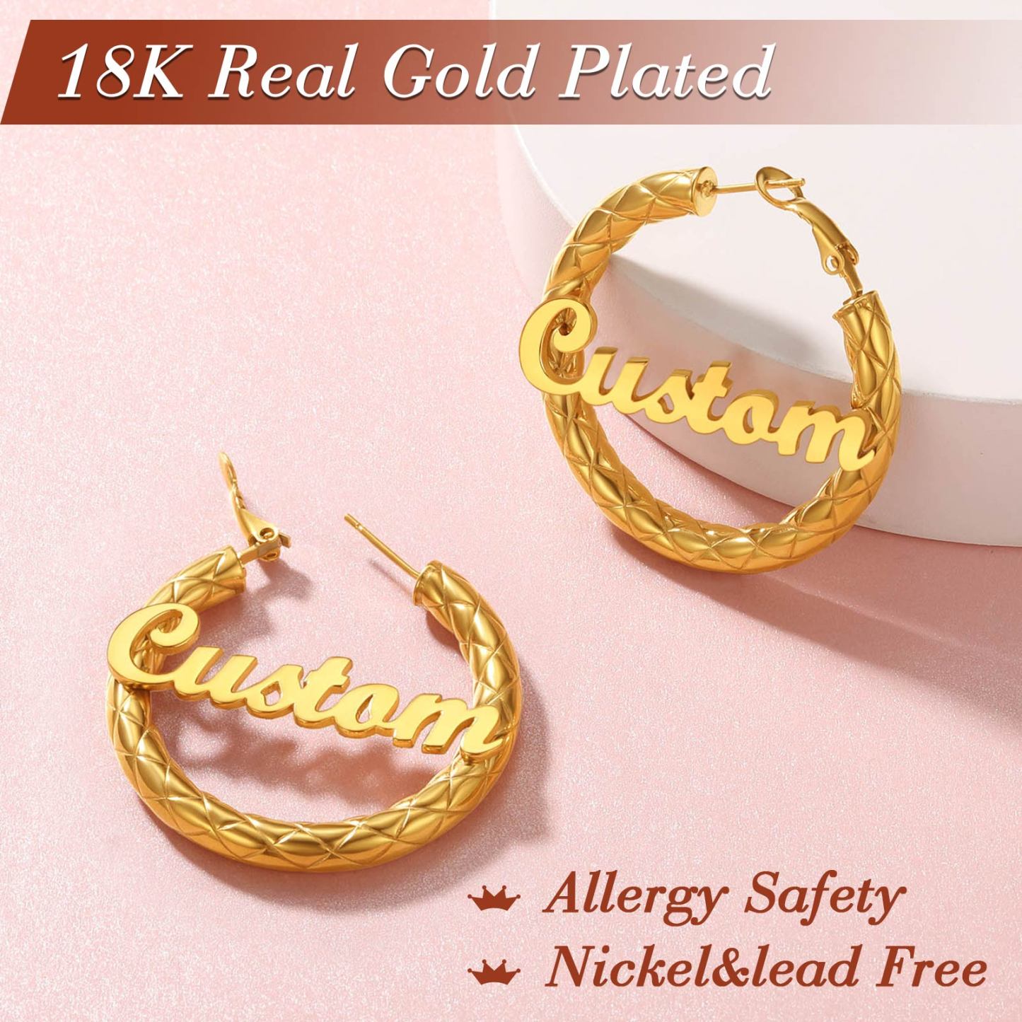 Personalized Hoop Earrings with Name Inside Gift for Women 30/40/60/80mm 18k gold
