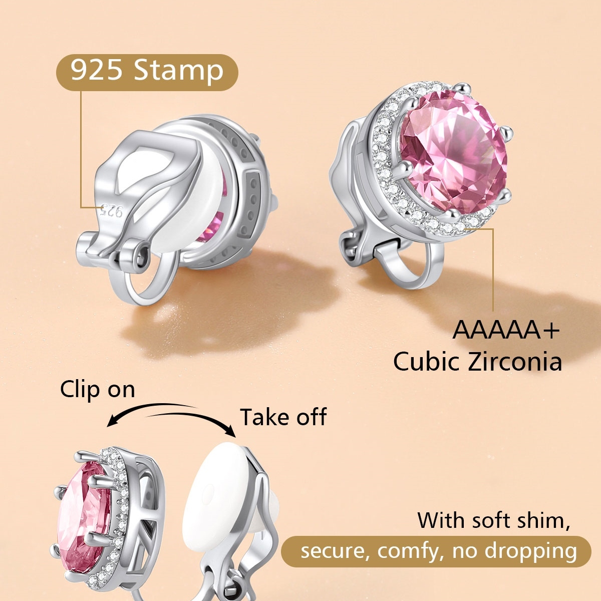 Birthstone Halo Sterling Silver Clip-on Earrings for Women detail