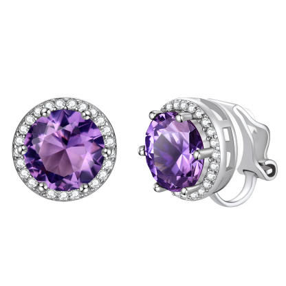 Birthstone Halo Sterling Silver Clip-on Earrings for Women February-Amethyst