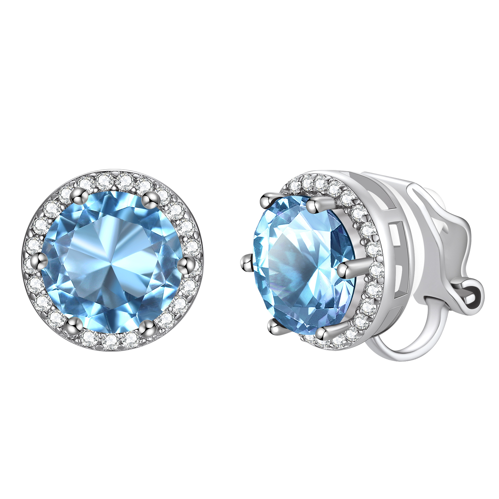 Birthstone Halo Sterling Silver Clip-on Earrings for Women March-Aquamarine
