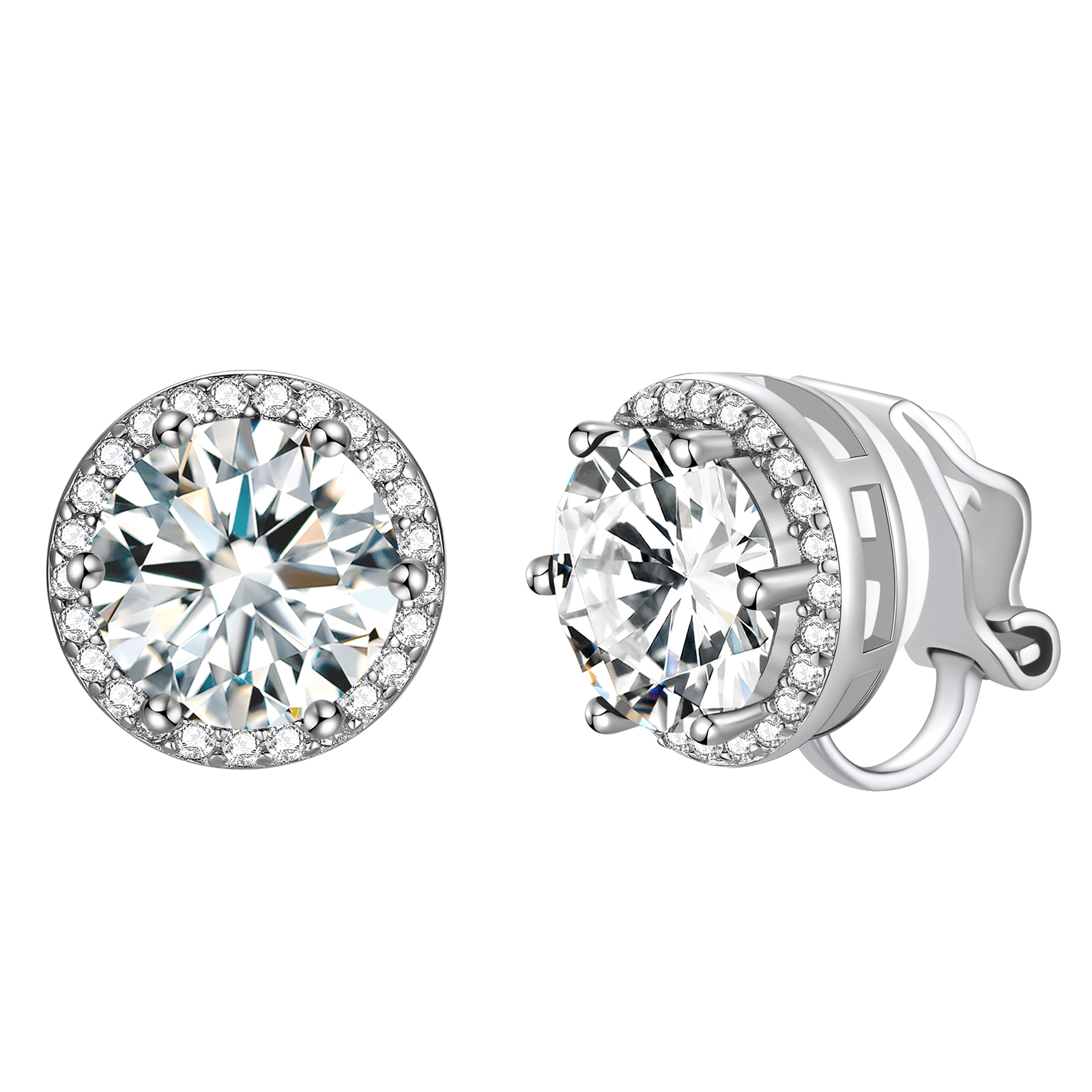Birthstone Halo Sterling Silver Clip-on Earrings for Women April-Diamond
