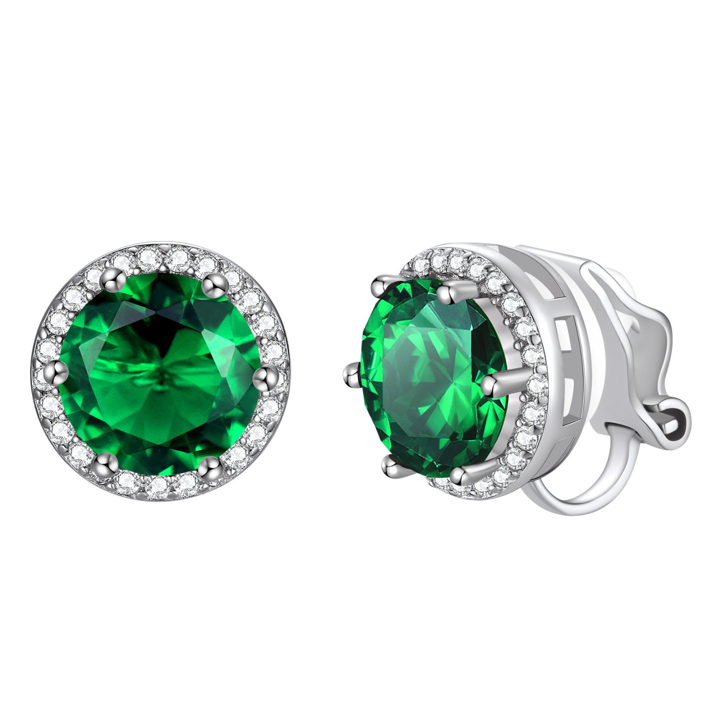 Birthstone Halo Sterling Silver Clip-on Earrings for Women May-Emerald
