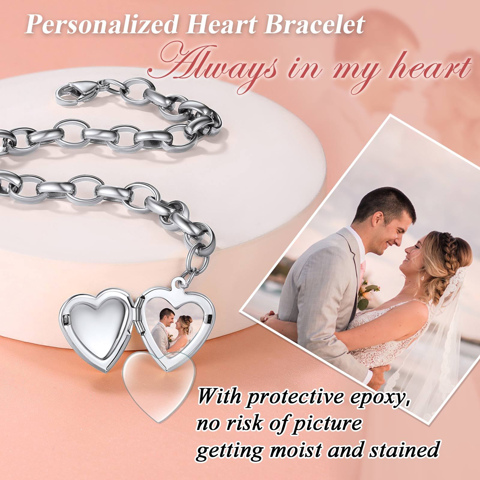 Custom Photo Personalized Engraved Heart Charm Bracelet for lover