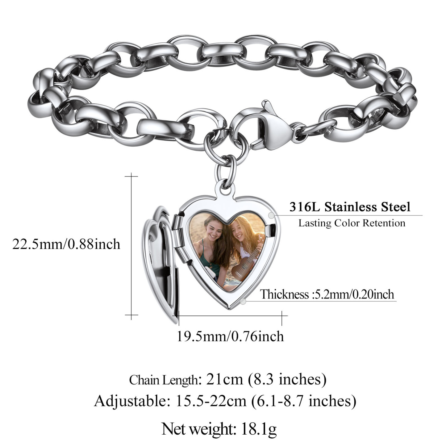 Name Engraved for Women Custom Photo Heart Charm Bracelet 
