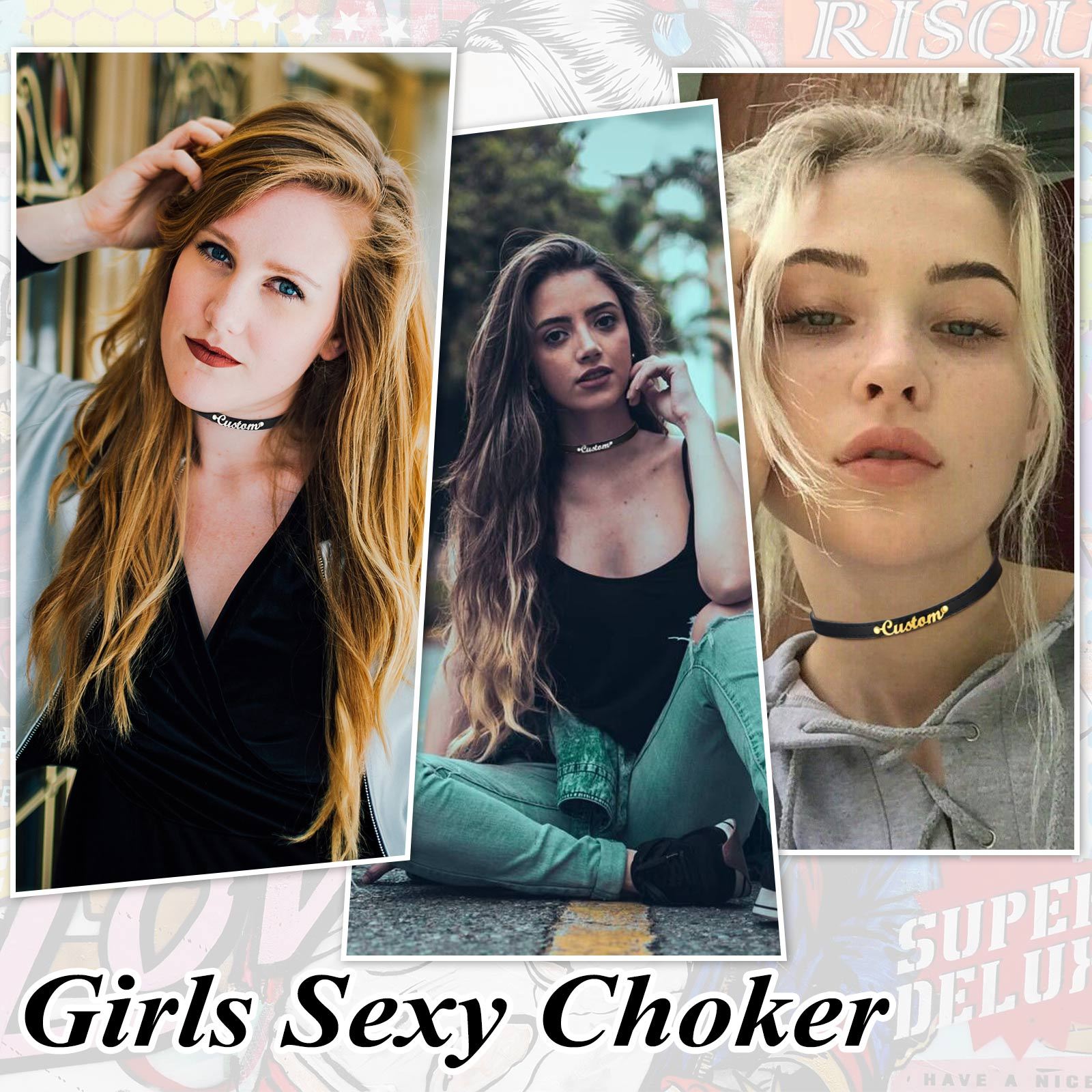 Custom Name Leather Collar Choker Necklaces for Women model show