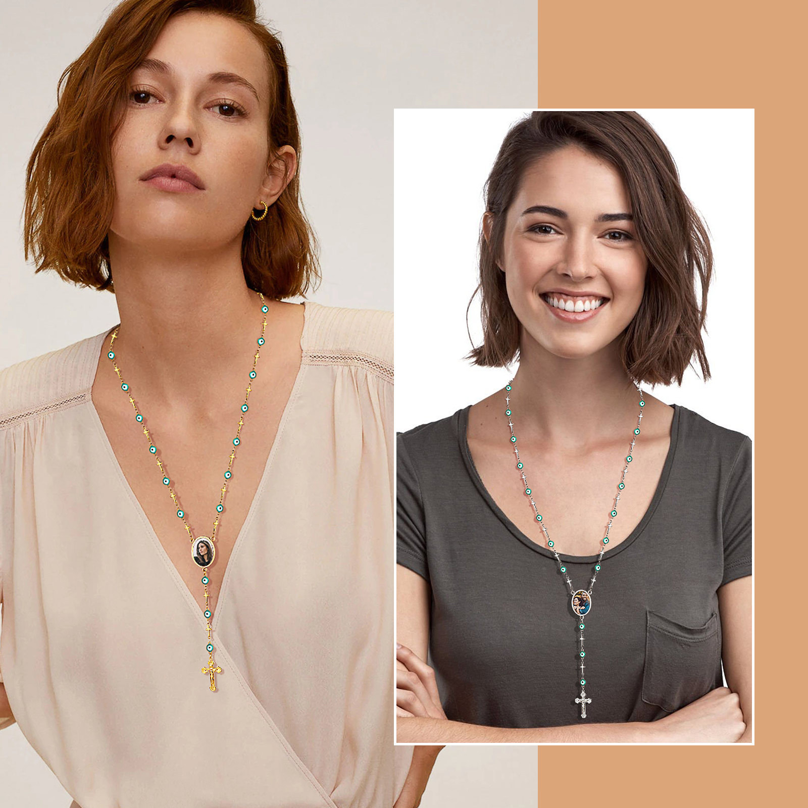Personalized Photo Rosary Beads Catholic Cross Necklace for Women Men  model show