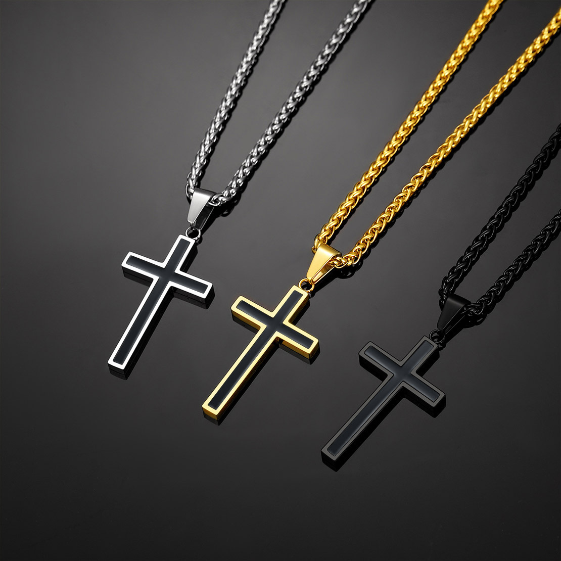 Custom Engravable Cross Necklace for Men With Wheat Chain