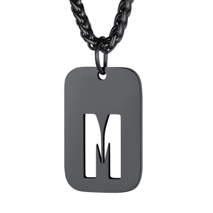 Customizable Military Dog Tag Initial Necklace with Free Engraving M  Black