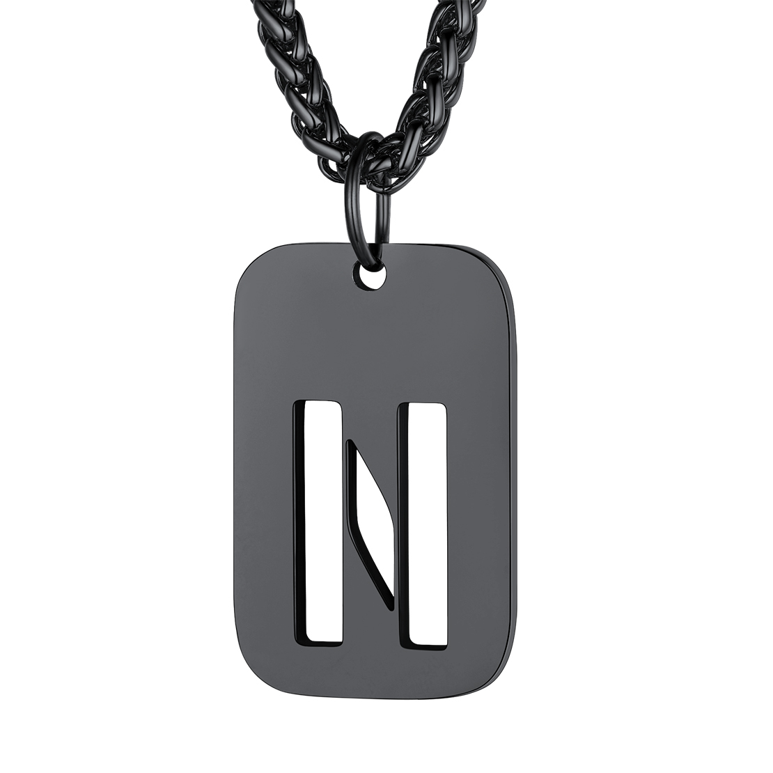 Customizable Military Dog Tag Initial Necklace with Free Engraving N Black