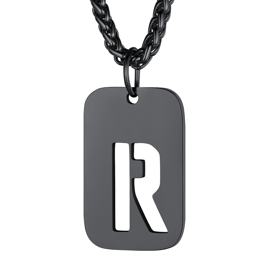 Customizable Military Dog Tag Initial Necklace with Free Engraving R Black