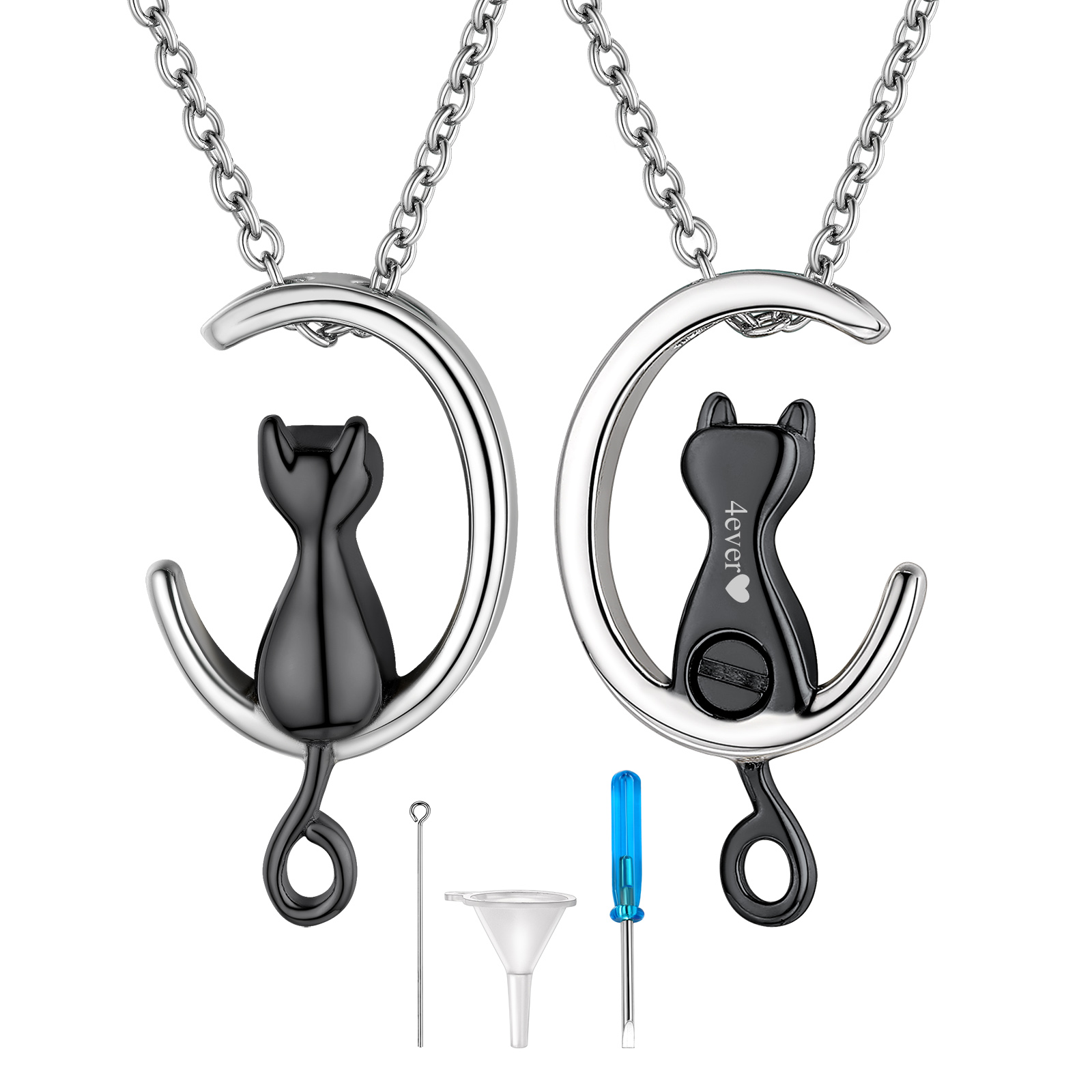 Personalized Engraved Moon Cat Cremation Urn Necklaces for Ashes  black