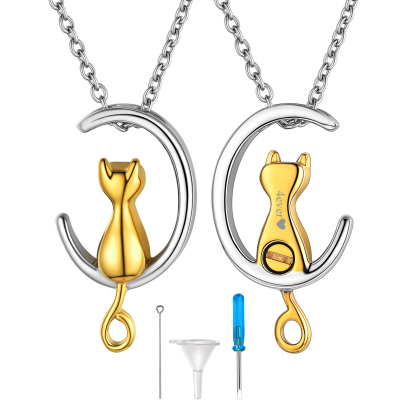 Personalized Engraved Moon Cat Cremation Urn Necklaces for Ashes gold