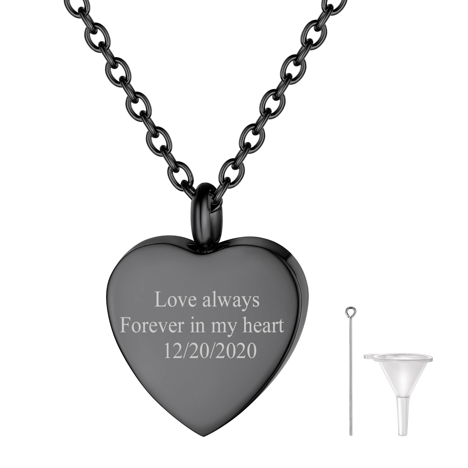 Name Heart Cremation Urn Necklace for Ashes black