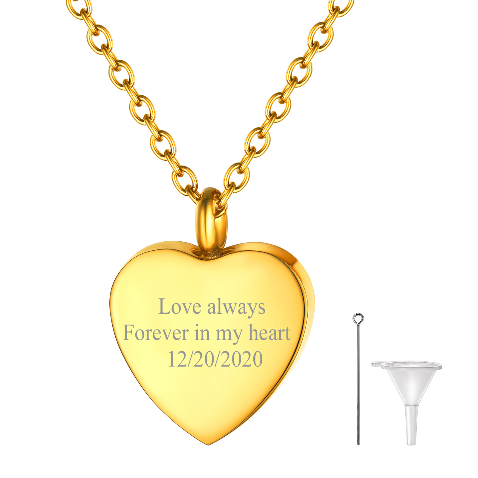 Name Heart Cremation Urn Necklace for Ashes gold