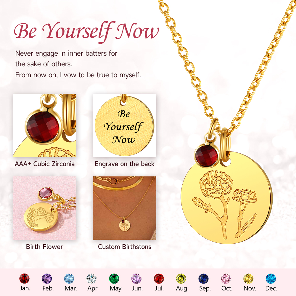 Personalized Birth Flower Birthstone Coin Necklace detail