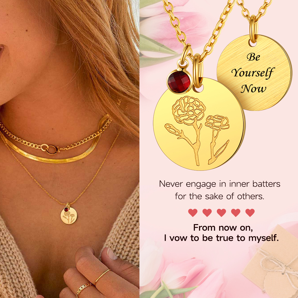Personalized Birth Flower Birthstone Coin Necklace rose model