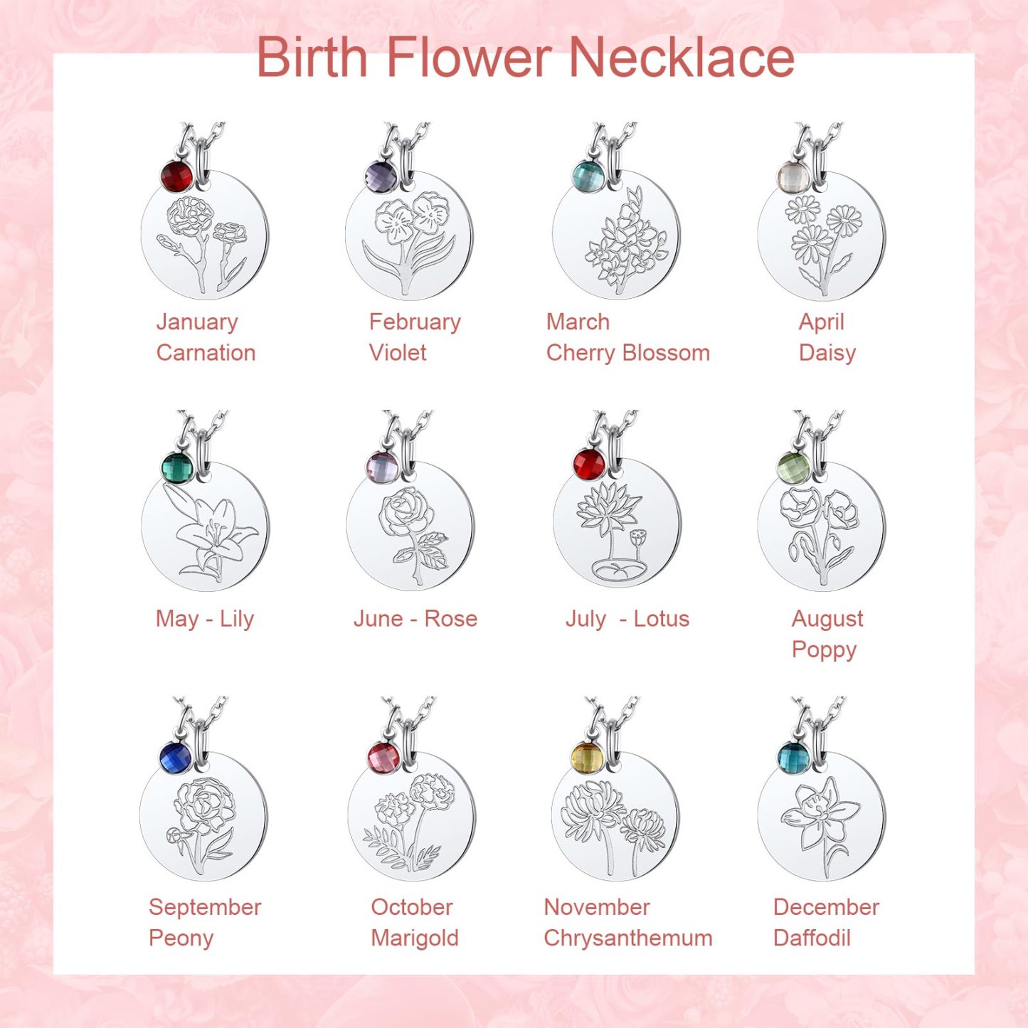 Personalized Birth Flower Birthstone Coin Necklace 12months silver