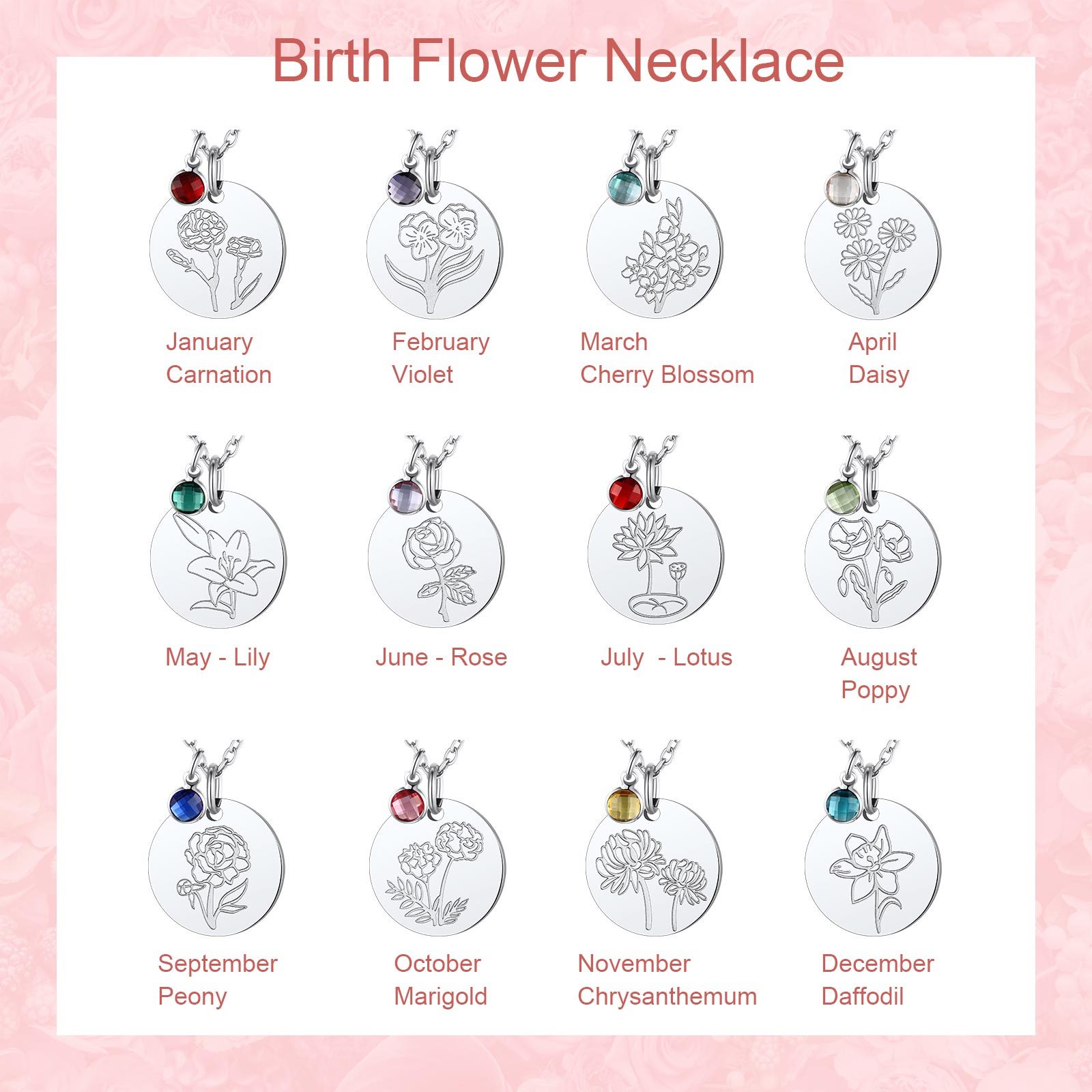 Personalized Birth Flower Birthstone Coin Necklace 12months silver