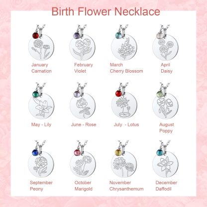 Personalized Birth Flower Birthstone Coin Necklace 12months silver